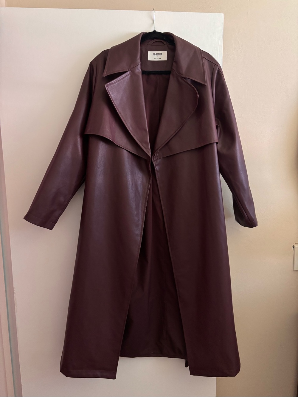 Long Faux Leather Trench Coat - maroon